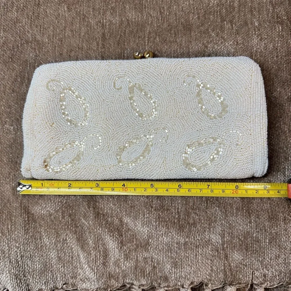 Vintage Cream Hand Beaded in Belgium Clutch bag with Coin Purse